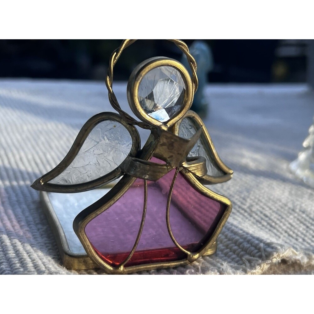 Vintage Stained Glass Angel Trinket Dish Purple Glass Crystal Head Brass Tone